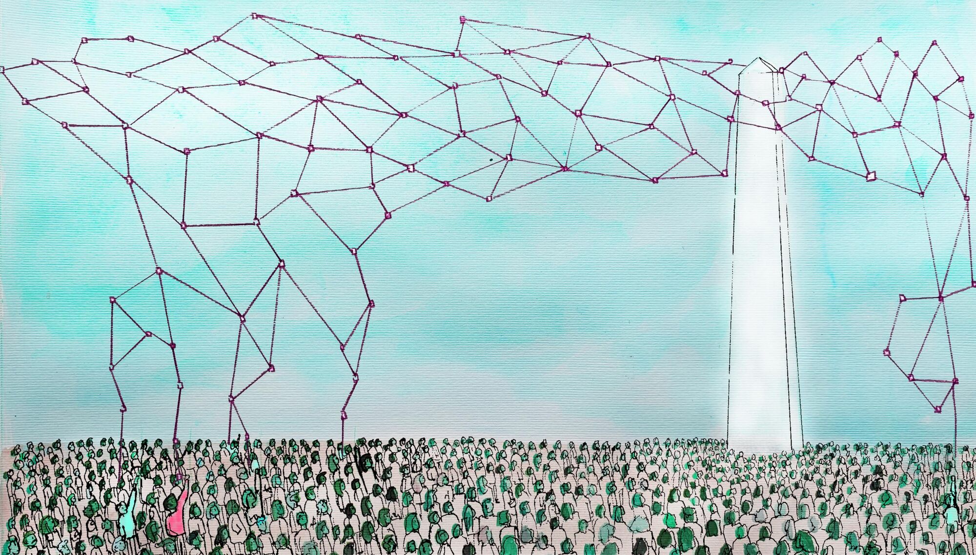 A neural network comes out of the top of an ivory tower, above a crowd of people's heads (shown in green to symbolise grass roots). Some of them are reaching up to try and take some control and pull the net down to them. Watercolour illustration.