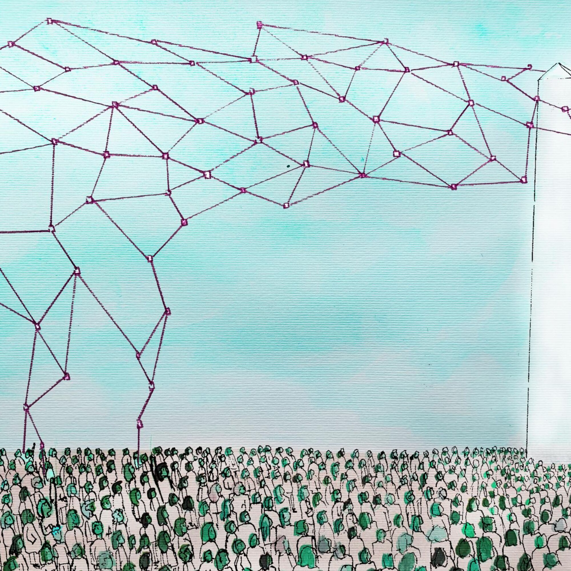 A neural network comes out of the top of an ivory tower, above a crowd of people's heads (shown in green to symbolise grass roots). Some of them are reaching up to try and take some control and pull the net down to them. Watercolour illustration.